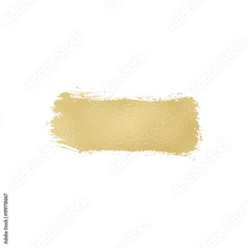 Gold foil texture brush stroke. Smudge sparkle glossy paint on the white background. Vector illustration