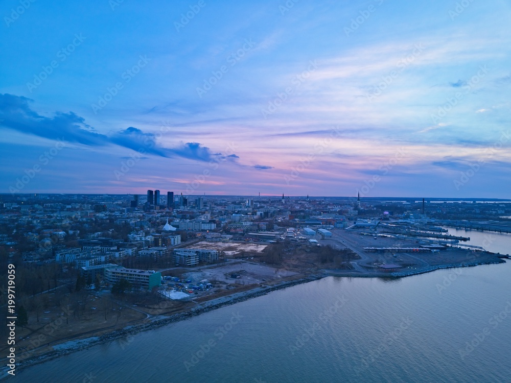 Aerial view of city Tallinn from Baltic Sea