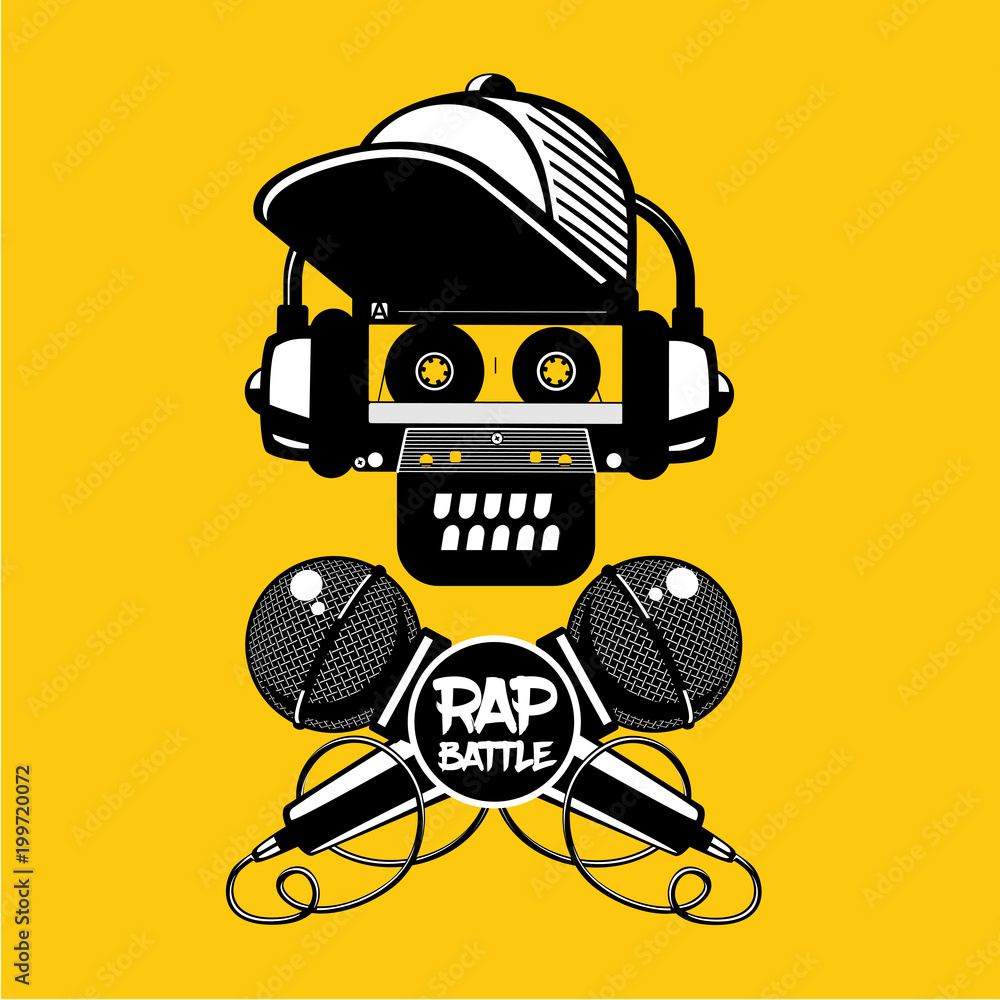 Rap battle sign with skull and two microphones. Retro style illustration. Hip-hop party. - obrazy, fototapety, plakaty 