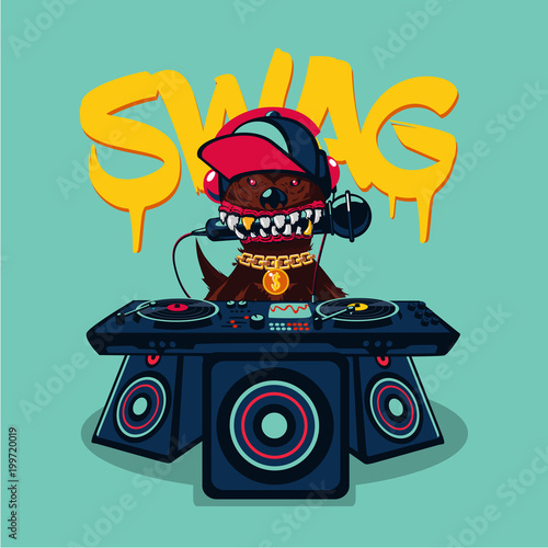 Hip-hop poster with dog. Rap music, swag culture. Urban street style.