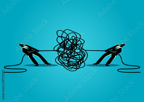 Businessmen trying to unravel tangled rope or cable