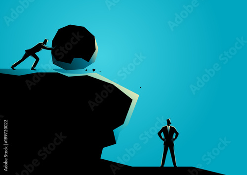 Businessman trying to eliminate other businessman with big rock
