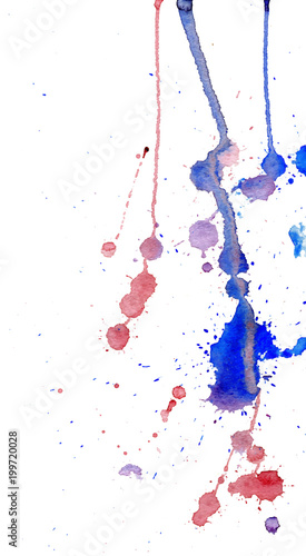 Blue and red watercolor splashes and blots on white background. Ink painting. Hand drawn illustration. Abstract watercolor artwork. 