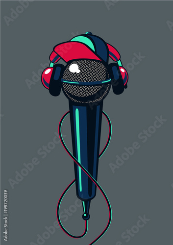 Hip hop microphone with cap on isolated background. Rap music poster mc battle.