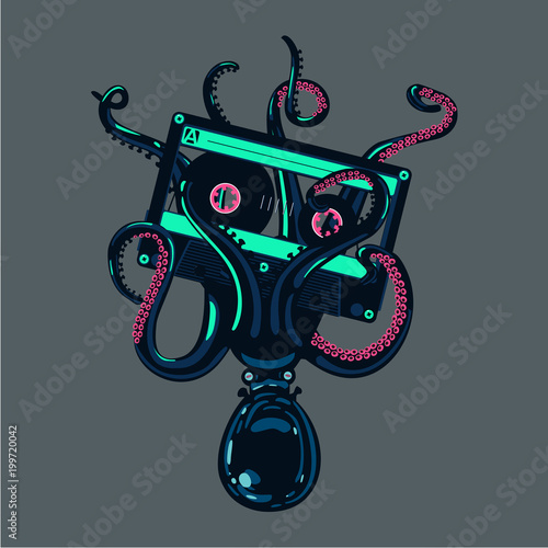 Octopus is holding a stereo cassette in tentacles. Old school hip-hop poster.