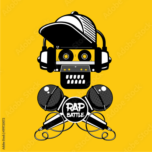 Rap battle sign with skull and two microphones. Retro style illustration. Hip-hop party.
