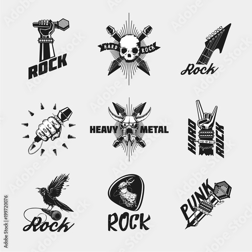 Rock music icon set. Vintage black emblem collection isolated on white.
