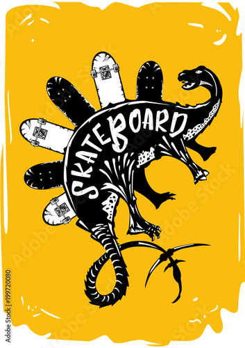 SkaterDinosaur with skateboards. Vintage poster for extreme sport. Tattoo style.