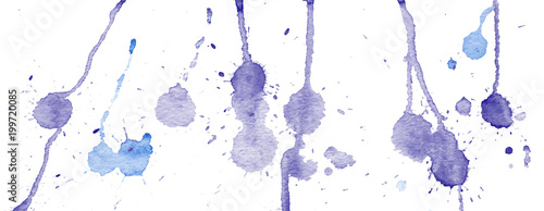 Purple and blue watercolor splashes and blots on white background. Ink painting. Hand drawn illustration. Abstract watercolor artwork.