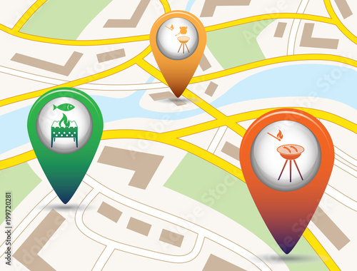 Set of tourism service map pointers on map