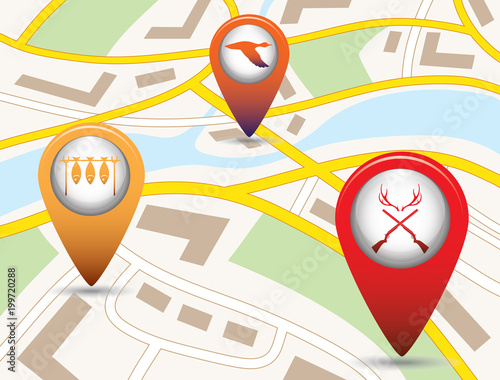 Set of tourism service map pointers on map