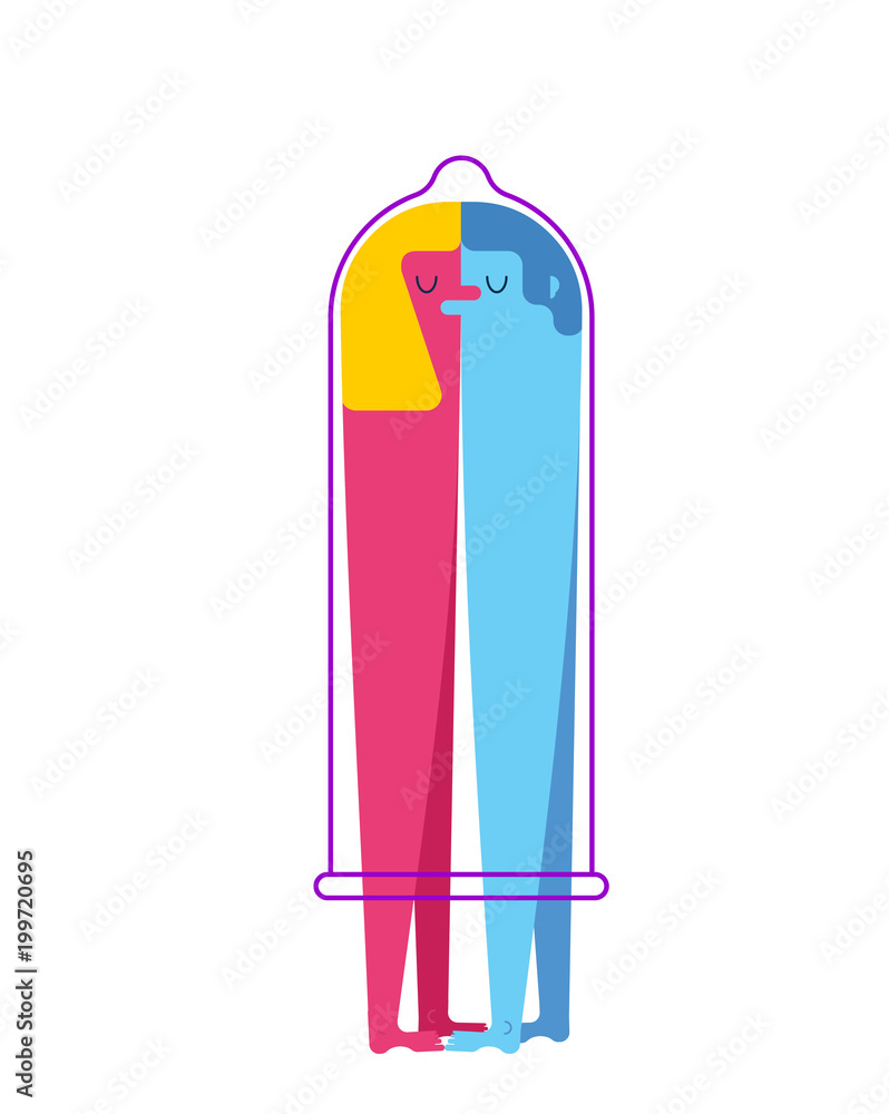 Protected sex. Condom. Man and woman are kissing. Pleasure and passion. Two figures of embrace. Romance illustration Protected sex. Condom. Man and woman are kissing. Pleasure and passion. Two figures of embrace. Romance illustration