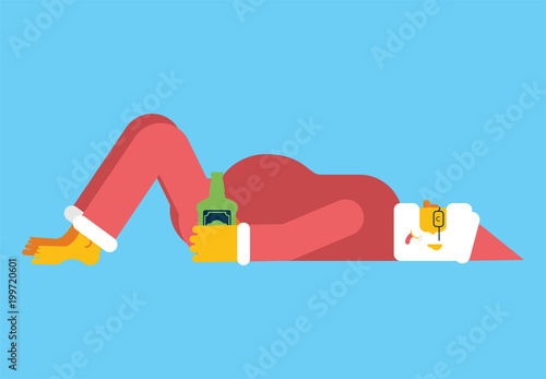 Drunk Santa lies on floor. Grandfather and bottle of alcohol.