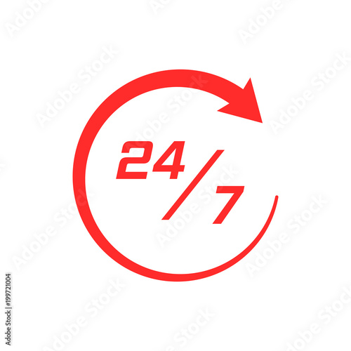 Twenty four hour clock icon in flat style. 24/7 service time illustration on white isolated background. Around the clock sign concept.