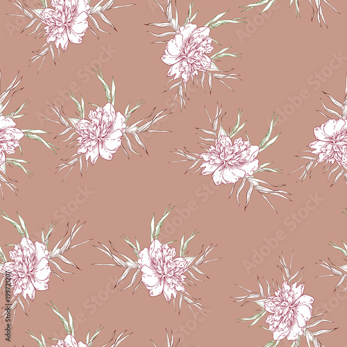 Seamless pattern with flower and leaves bouquet on pastel beige background. Hand drawn vector illustration.
