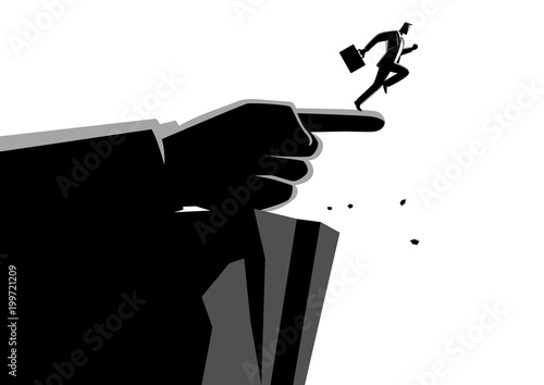 Giant hand pointing to the wrong way to a businessman