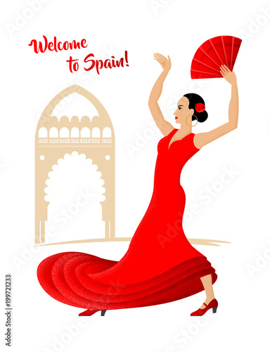 Color graphic cartoon drawing of a beautiful Spanish flamenco dancer in a red dress and with a fan on the background of the old architecture. Stippling, illustration, vector, isolated on background.