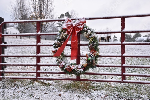 Christmas wreath on farm gate