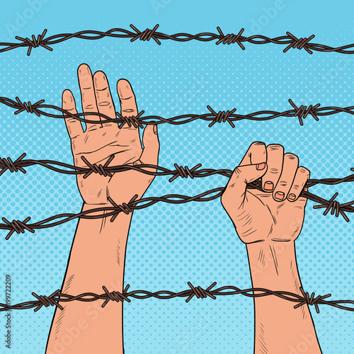 Pop Art Male Hands Holding a Barbed Wire. Human Rights Concept. Vector illustration