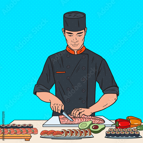 Pop Art Chef Preparing Sushi in Japanese Restaurant. Vector illustration