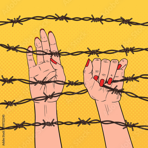 Pop Art Female Hands Holding a Barbed Wire. Human Rights Concept. Vector illustration