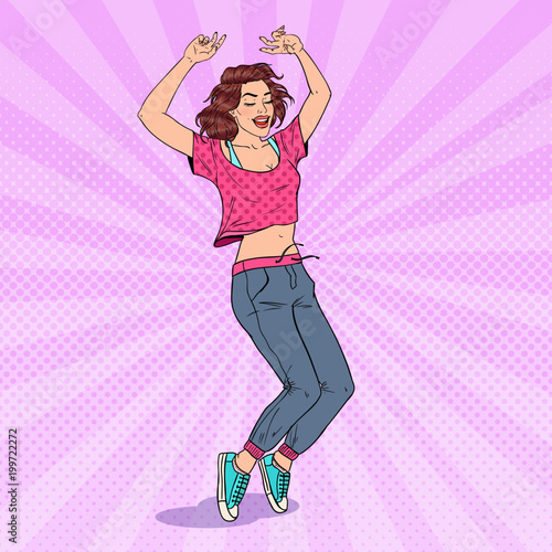 Pop Art Happy Young Woman Dancing. Excited Teenager Girl. Vector illustration