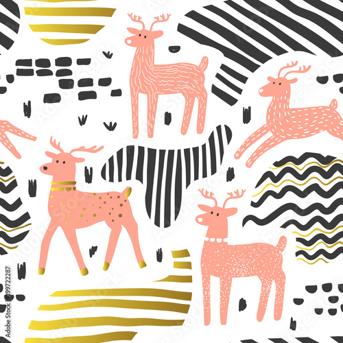 Seamless Pattern with Cute Deer. Childish Wildlife Animals Background for Fabric Textile  Wallpaper  Wrapping Paper  Decoration. Vector illustration