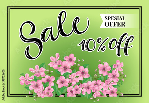 Sale ten percent off Special offer lettering. Springtime inscription with pink flower meadow. Handwritten text, calligraphy. Can be used for greeting cards, posters and leaflets
