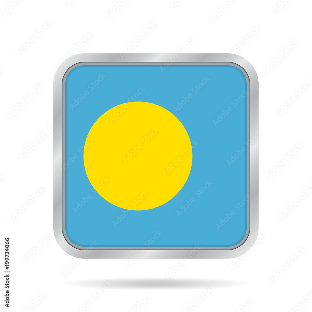 Flag of Palau. Shiny metallic gray square button.