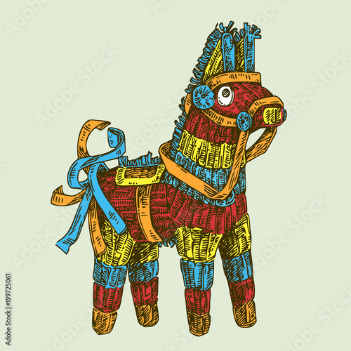 Donkey pinata. Engraving style. Color. Vector illustration