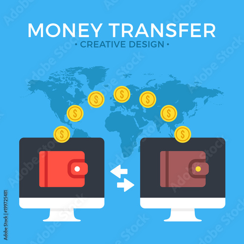 Money transfer. Two computers with wallets on screen and transferred gold coins. Send money online, remittance, online payment, digital wallet, payment app concepts. Flat design. Vector illustration