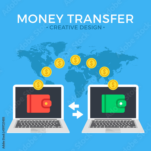 Money transfer. Two laptops with wallets on screen and transferred gold coins. Send money online, remittance, online payment, digital wallet, payment app concepts. Flat design. Vector illustration