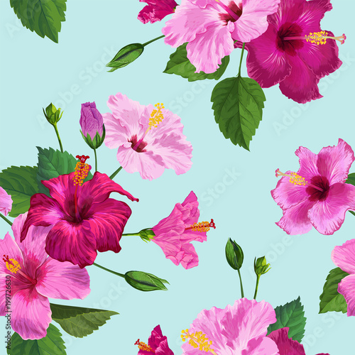 Tropical Purple Hibiscus Flower Seamless Pattern. Floral Summer Background for Fabric Textile  Wallpaper  Decor  Wrapping Paper. Watercolor Botanical Design. Vector illustration