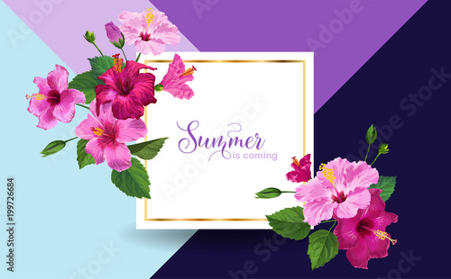 Hello Summer Poster. Floral Design with Pink Hibiscus Flowers for Party Invitation, Banner, Flyer, Sale, Advertising. Tropical Botanical Background. Vector illustration
