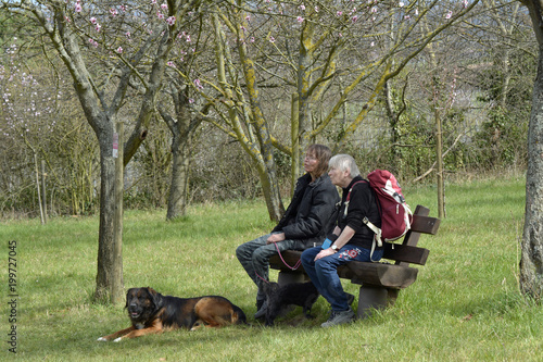 zwei frauen sitzen auf einer bank unter mandelbäumen mit einem hund © lotharnahler