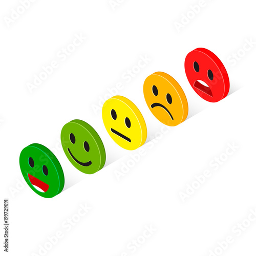 Emoticon reactions faces scale rating feedback isometric set, isolated vector 3d illustration