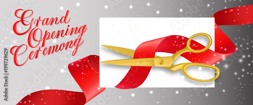 Grand opening ceremony sparkling banner design with empty card and gold scissors cutting red ribbon on gray background. Template can be used for signs, announcements, posters.
