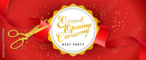 Grand opening ceremony, best party red banner design with text on white circle and gold scissors cutting red ribbon. Template can be used for signs, announcements, posters.