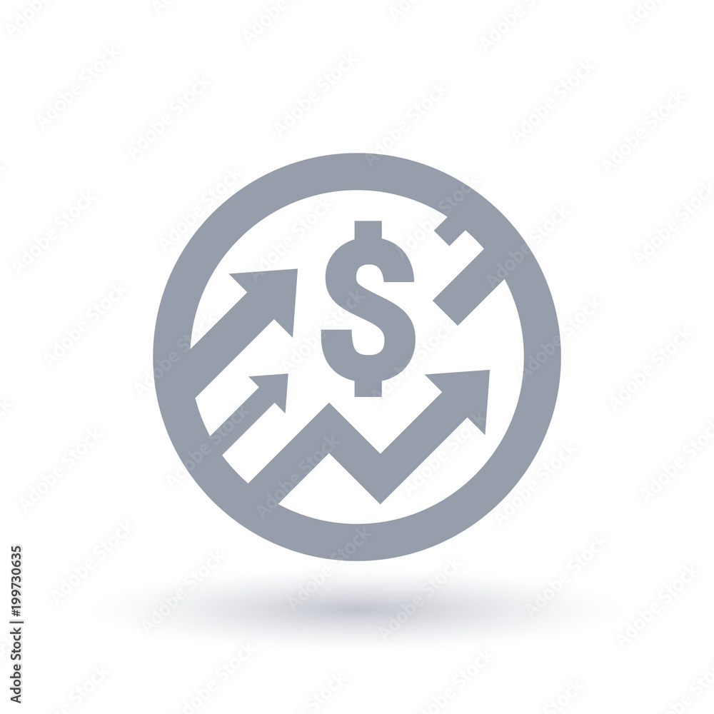 Dollar sign with arrows up concept icon in circle outline. Economic growth symbol. Financial market shares trade success sign. Vector illustration. Dollar sign with arrows up concept icon in circle outline. Economic growth symbol. Financial market shares trade success sign. Vector illustration.