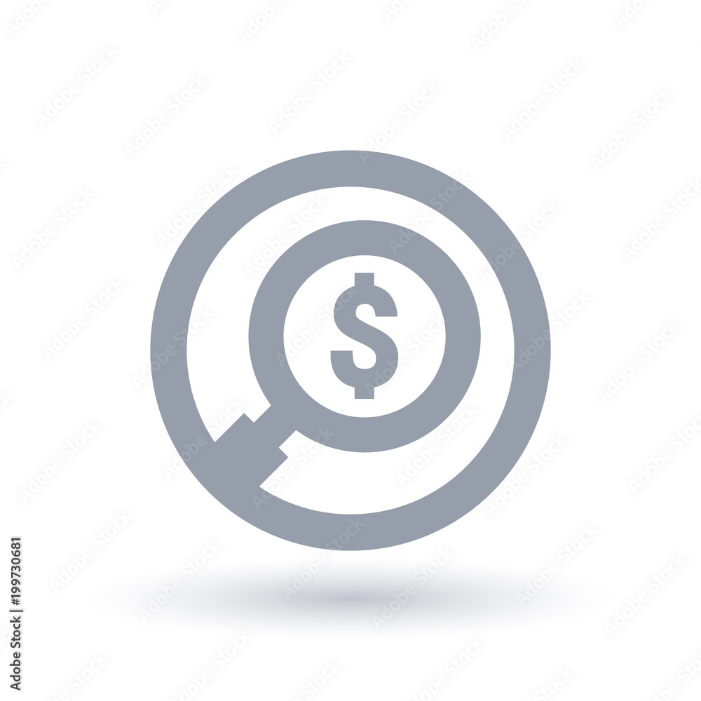 Money magnifying glass icon in circle outline. American dollar search symbol. Finance magnify sign. Vector illustration.