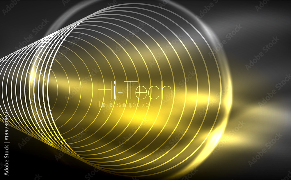 Circular glowing neon shapes, techno background. Abstract shiny transparent circles on dark technology space Circular glowing neon shapes, techno background. Abstract shiny transparent circles on dark technology space