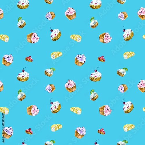 Seamless pattern with hand painted watercolor sweet cupcake on blue backgruond