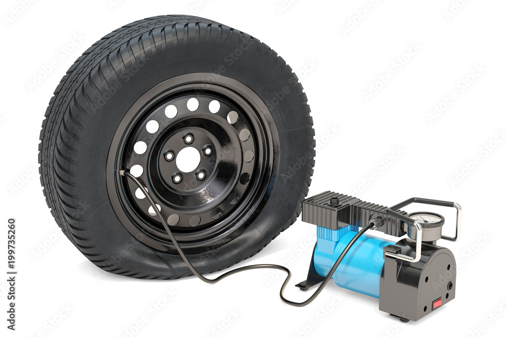 Obraz premium Car portable electric air compressor with puncture car wheel, 3D rendering