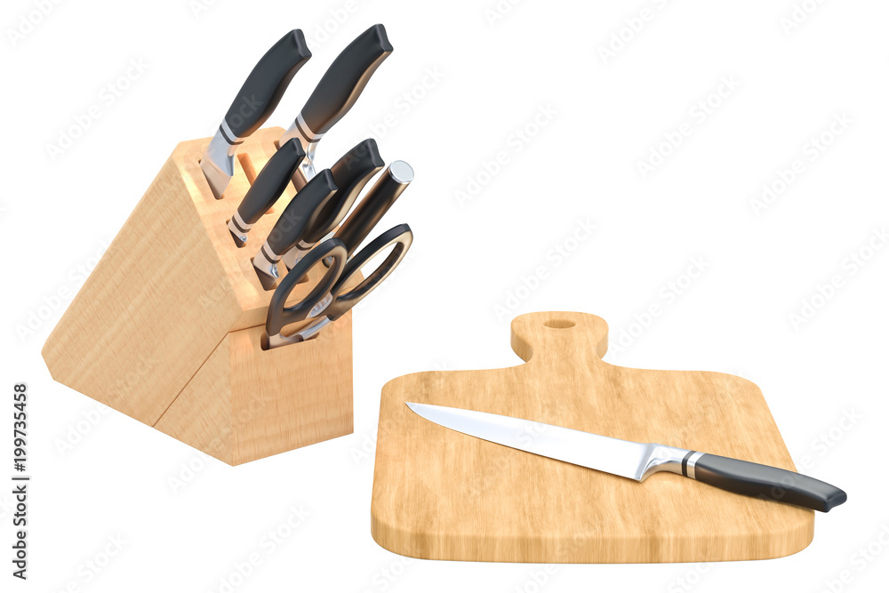 Knife set with wooden block and wooden cutting board with knife, 3D rendering