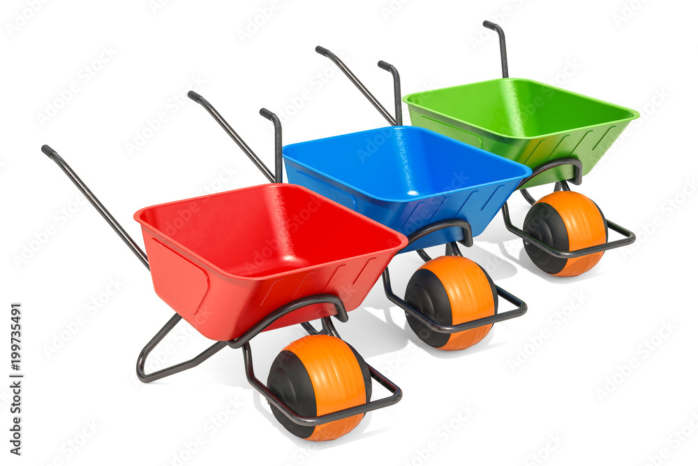 Set of colored ballbarrows, wheelbarrows. 3D rendering Set of colored ballbarrows, wheelbarrows. 3D rendering