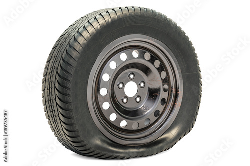 Punctured car wheel, flat tire. 3D rendering