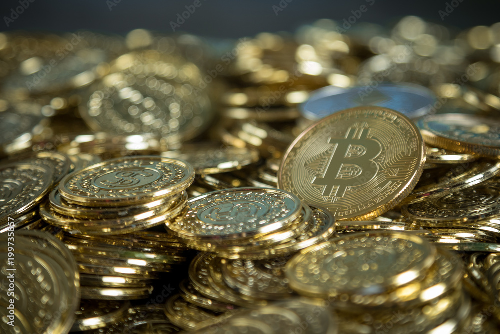 Close Up Pile of golden bitcoin cryptocurrency coins. Crypto currency concept. Close Up Pile of golden bitcoin cryptocurrency coins. Crypto currency concept.