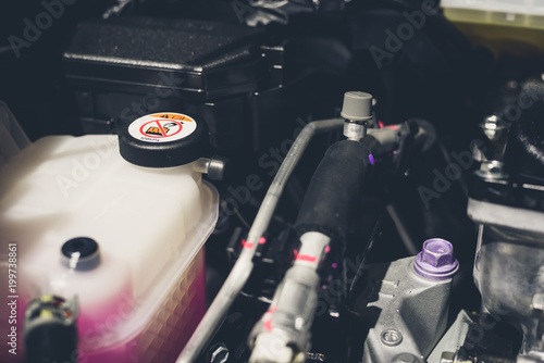 Coolant tank and warning information in engine room