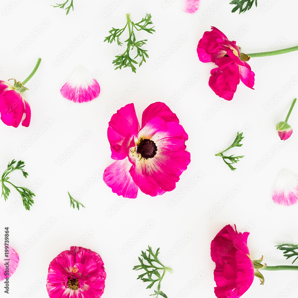 Pink flowers and petals on white background. Flat lay, top view. Floral pattern Pink flowers and petals on white background. Flat lay, top view. Floral pattern