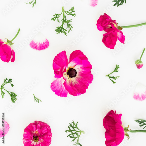 Pink flowers and petals on white background. Flat lay  top view. Floral pattern